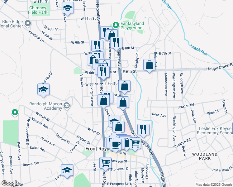 map of restaurants, bars, coffee shops, grocery stores, and more near 110 East 4th Street in Front Royal