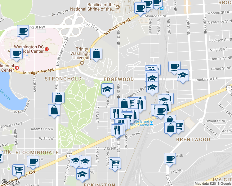 map of restaurants, bars, coffee shops, grocery stores, and more near 2620 4th Street Northeast in Washington