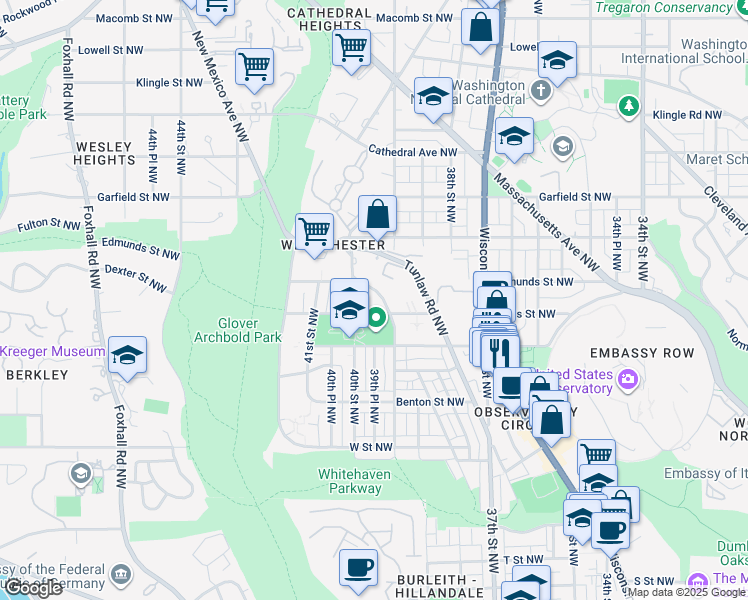 map of restaurants, bars, coffee shops, grocery stores, and more near 2616 39th Street Northwest in Washington