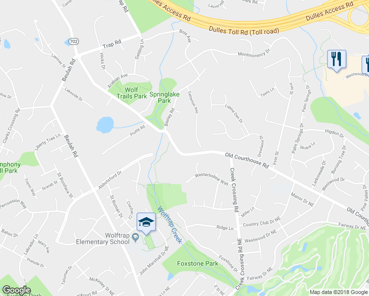 map of restaurants, bars, coffee shops, grocery stores, and more near 9126 Old Courthouse Road in Vienna