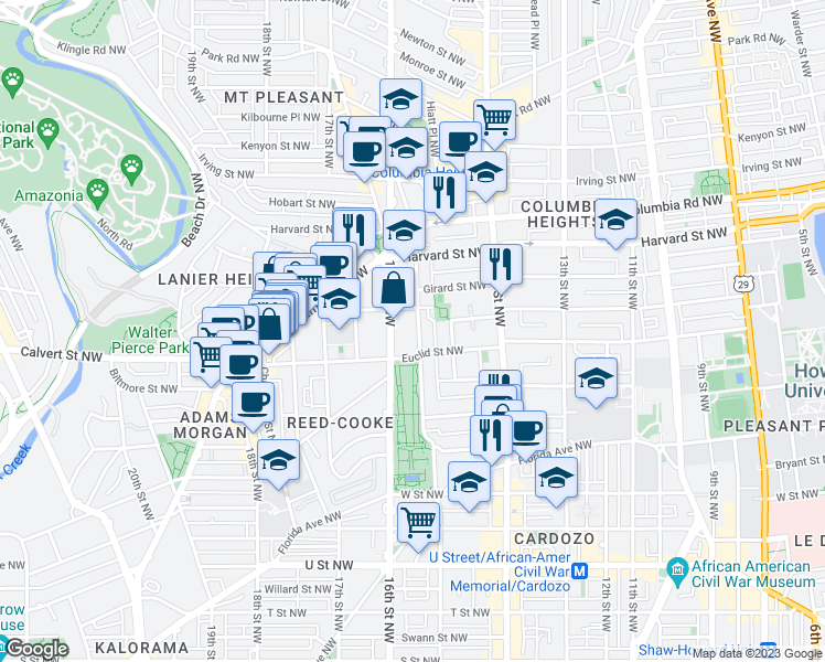 map of restaurants, bars, coffee shops, grocery stores, and more near 2634 15th Street Northwest in Washington