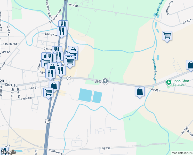 map of restaurants, bars, coffee shops, grocery stores, and more near 6893 Milford Harrington Highway in Harrington