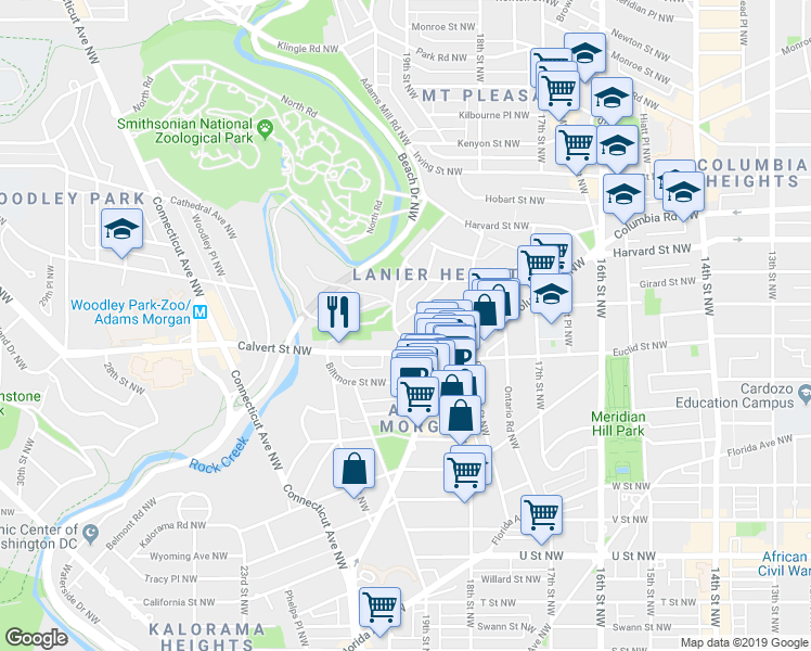 map of restaurants, bars, coffee shops, grocery stores, and more near 2633 Adams Mill Road Northwest in Washington