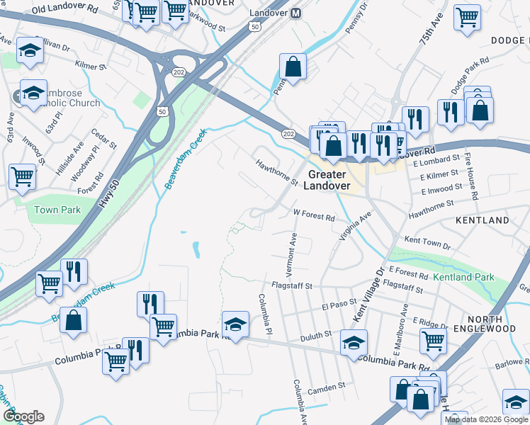 map of restaurants, bars, coffee shops, grocery stores, and more near 2401 Pinebrook Avenue in Hyattsville