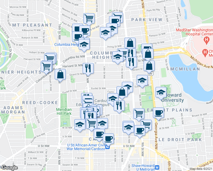 map of restaurants, bars, coffee shops, grocery stores, and more near 101 Independence Avenue Southeast in Washington