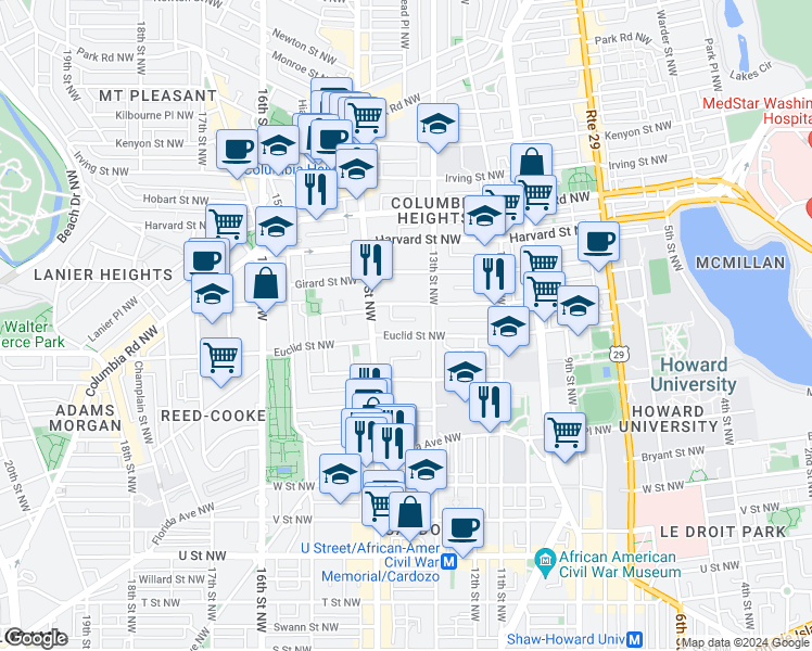 map of restaurants, bars, coffee shops, grocery stores, and more near 101 Independence Avenue Southeast in Washington