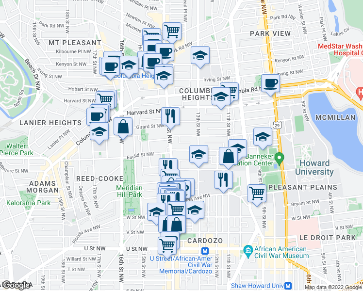 map of restaurants, bars, coffee shops, grocery stores, and more near 101 Independence Avenue Southeast in Washington