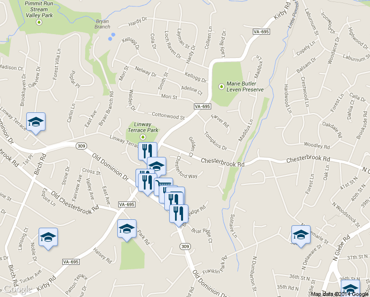 map of restaurants, bars, coffee shops, grocery stores, and more near 6206 Nethercombe Court in McLean
