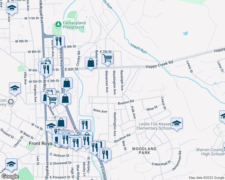 map of restaurants, bars, coffee shops, grocery stores, and more near 422 Washington Avenue in Front Royal
