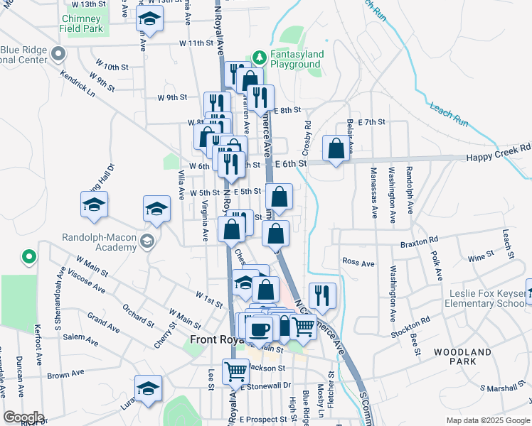 map of restaurants, bars, coffee shops, grocery stores, and more near 111 East 4th Street in Front Royal