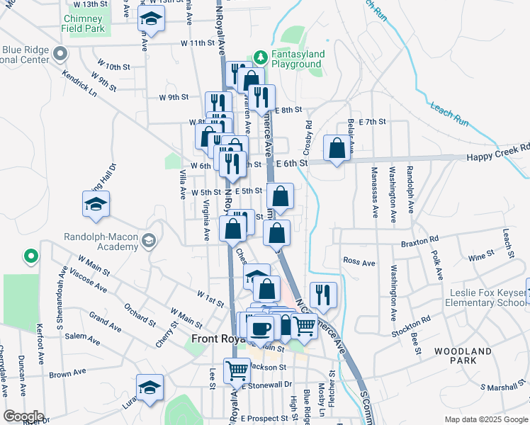 map of restaurants, bars, coffee shops, grocery stores, and more near 111 East 4th Street in Front Royal