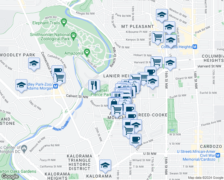 map of restaurants, bars, coffee shops, grocery stores, and more near 2633 Adams Mill Road Northwest in Washington