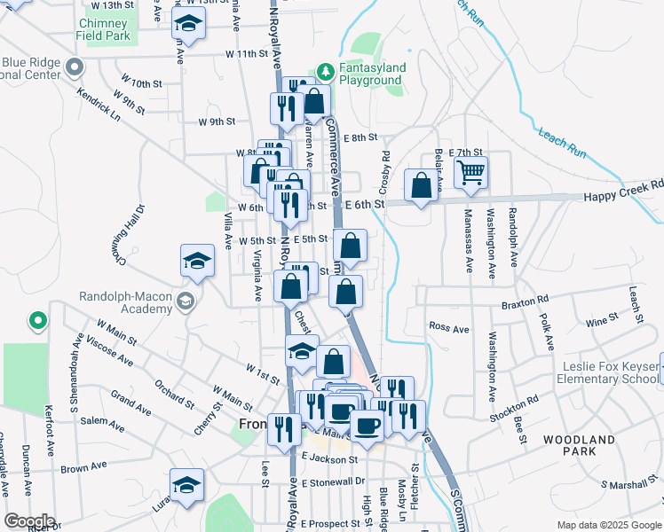 map of restaurants, bars, coffee shops, grocery stores, and more near 110 East 4th Street in Front Royal