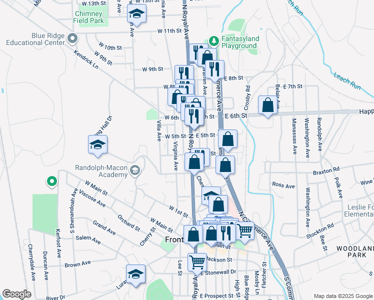 map of restaurants, bars, coffee shops, grocery stores, and more near 406 North Royal Avenue in Front Royal