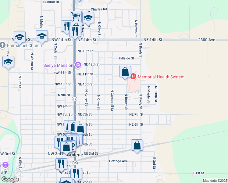 map of restaurants, bars, coffee shops, grocery stores, and more near 316 Northeast 9th Street in Abilene