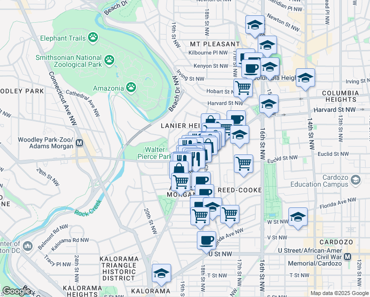 map of restaurants, bars, coffee shops, grocery stores, and more near 1789 Lanier Place Northwest in Washington