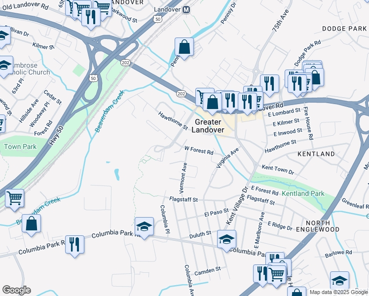 map of restaurants, bars, coffee shops, grocery stores, and more near 6707 Hawthorne Street in Hyattsville