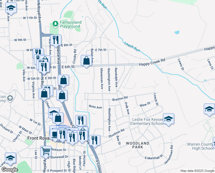 map of restaurants, bars, coffee shops, grocery stores, and more near 422 Washington Avenue in Front Royal
