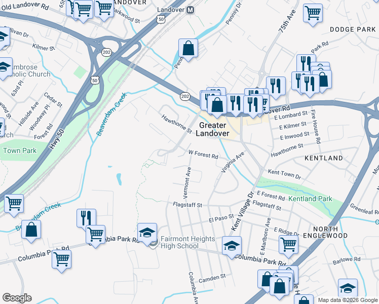 map of restaurants, bars, coffee shops, grocery stores, and more near 6707 Hawthorne Street in Hyattsville