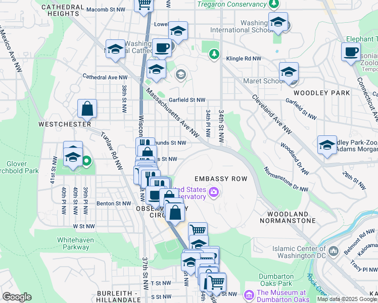 map of restaurants, bars, coffee shops, grocery stores, and more near 68 Observatory Circle Northwest in Washington