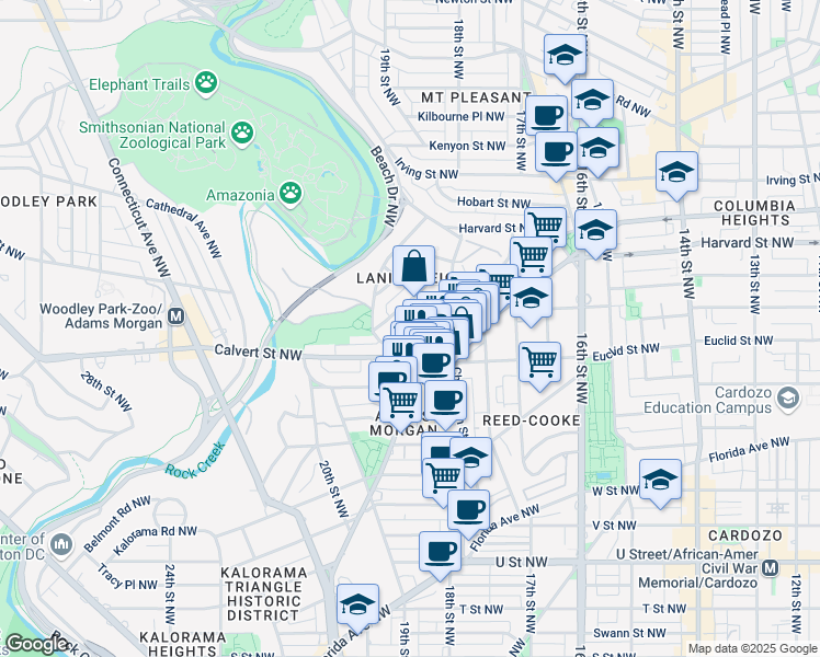 map of restaurants, bars, coffee shops, grocery stores, and more near 1789 Lanier Place Northwest in Washington