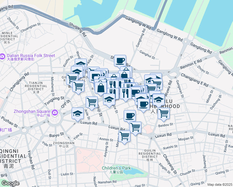 map of restaurants, bars, coffee shops, grocery stores, and more near Ren Min Lu in Da Lian Shi