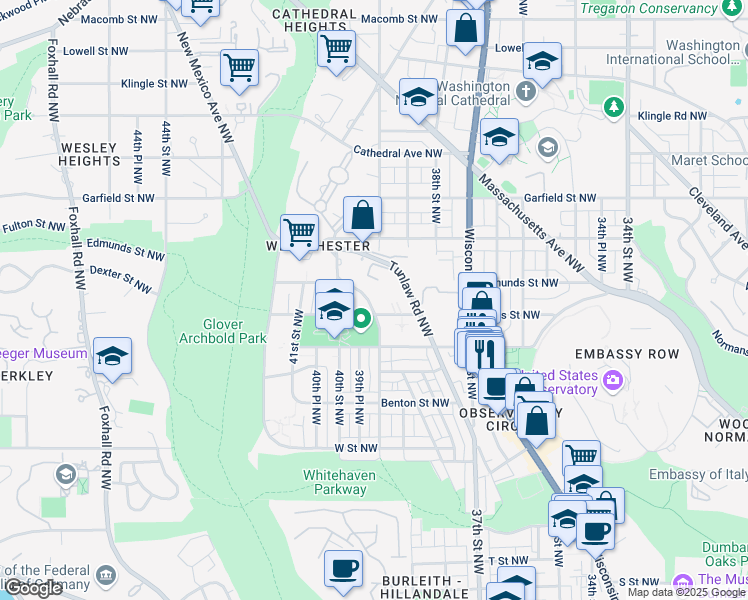 map of restaurants, bars, coffee shops, grocery stores, and more near 2613 39th Street Northwest in Washington