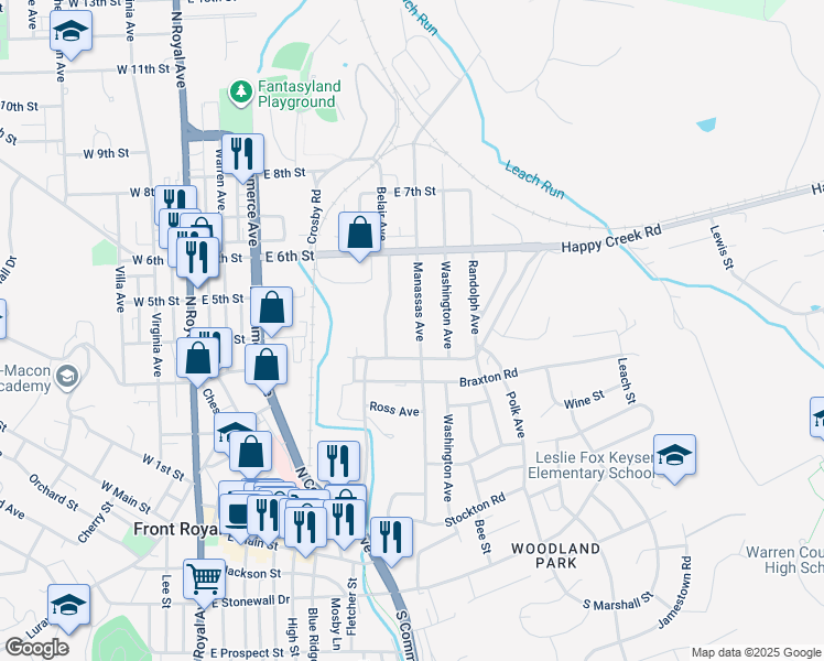 map of restaurants, bars, coffee shops, grocery stores, and more near 420 Manassas Avenue in Front Royal