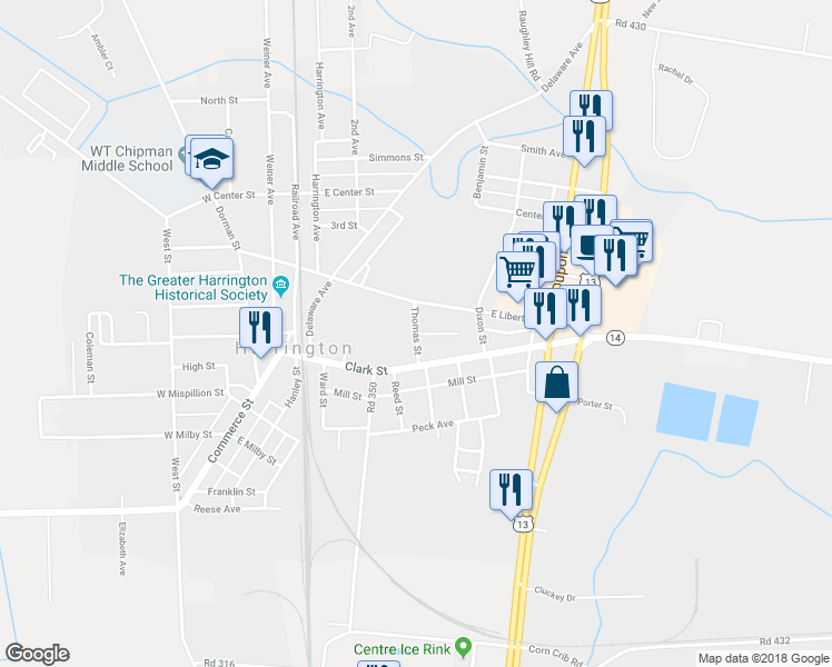 map of restaurants, bars, coffee shops, grocery stores, and more near Thomas Street in Harrington