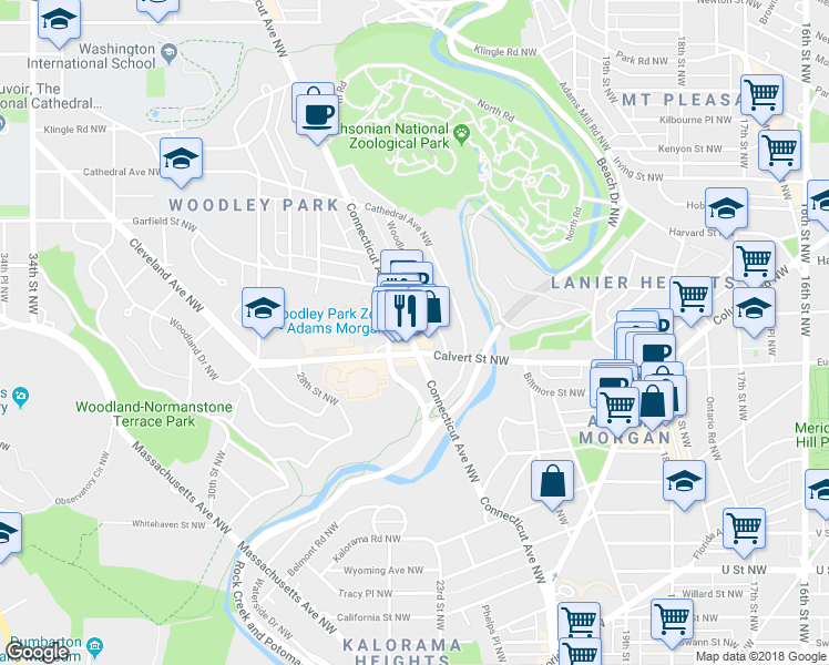 map of restaurants, bars, coffee shops, grocery stores, and more near 2621 Connecticut Avenue Northwest in Washington
