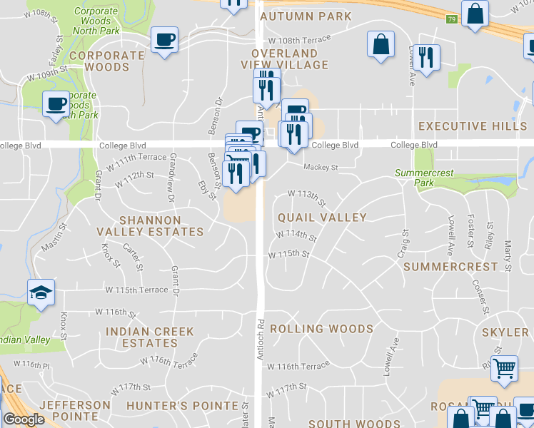 map of restaurants, bars, coffee shops, grocery stores, and more near 11322 Mackey Street in Overland Park