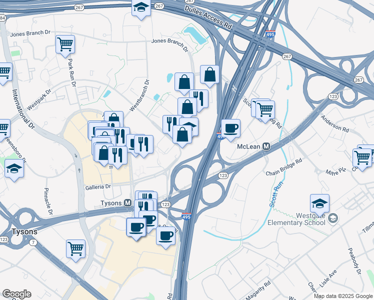 map of restaurants, bars, coffee shops, grocery stores, and more near 7900 Westpark Drive in McLean