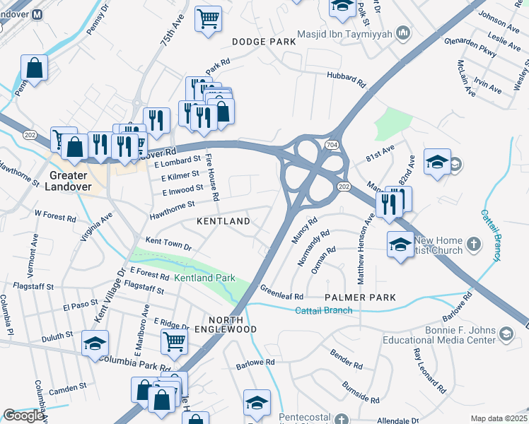 map of restaurants, bars, coffee shops, grocery stores, and more near 2506 Markham Lane in Greater Landover