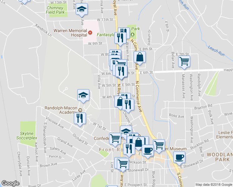 map of restaurants, bars, coffee shops, grocery stores, and more near 406 North Royal Avenue in Front Royal