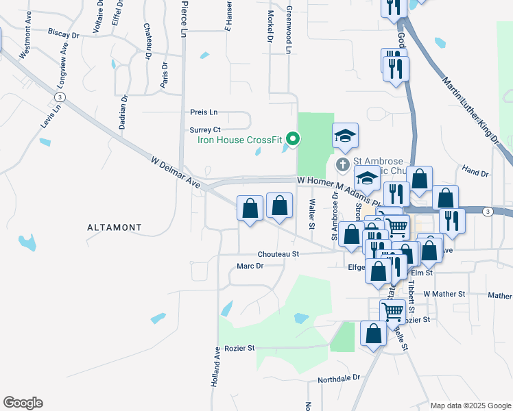 map of restaurants, bars, coffee shops, grocery stores, and more near 1017 West Delmar Avenue in Godfrey