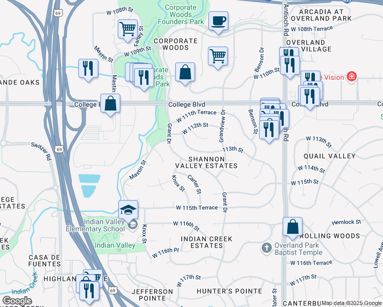 map of restaurants, bars, coffee shops, grocery stores, and more near in Overland Park