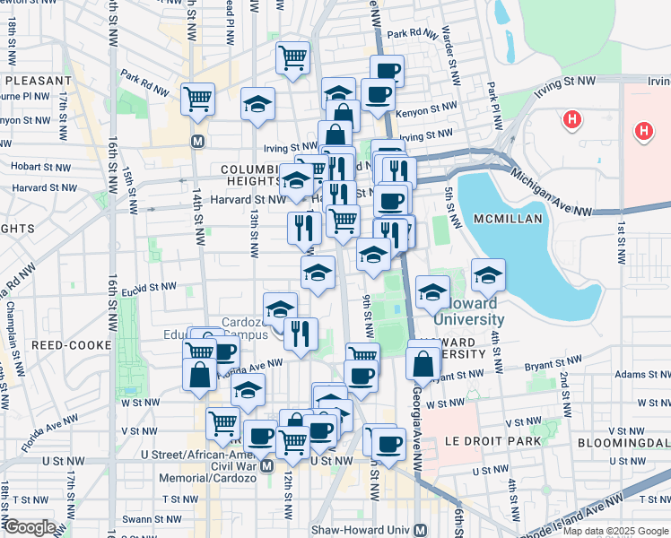 map of restaurants, bars, coffee shops, grocery stores, and more near 2608 Sherman Avenue Northwest in Washington