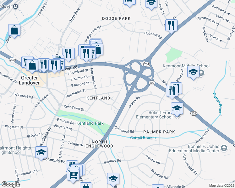 map of restaurants, bars, coffee shops, grocery stores, and more near 2506 Markham Lane in Greater Landover