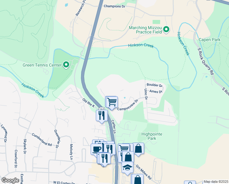 map of restaurants, bars, coffee shops, grocery stores, and more near 4 Campusview Drive in Columbia