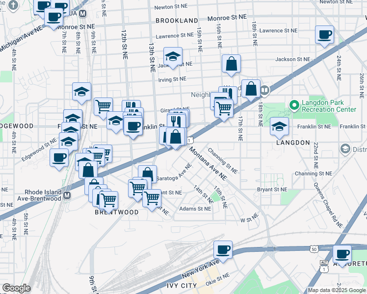 map of restaurants, bars, coffee shops, grocery stores, and more near 1333 Rhode Island Avenue Northeast in Washington