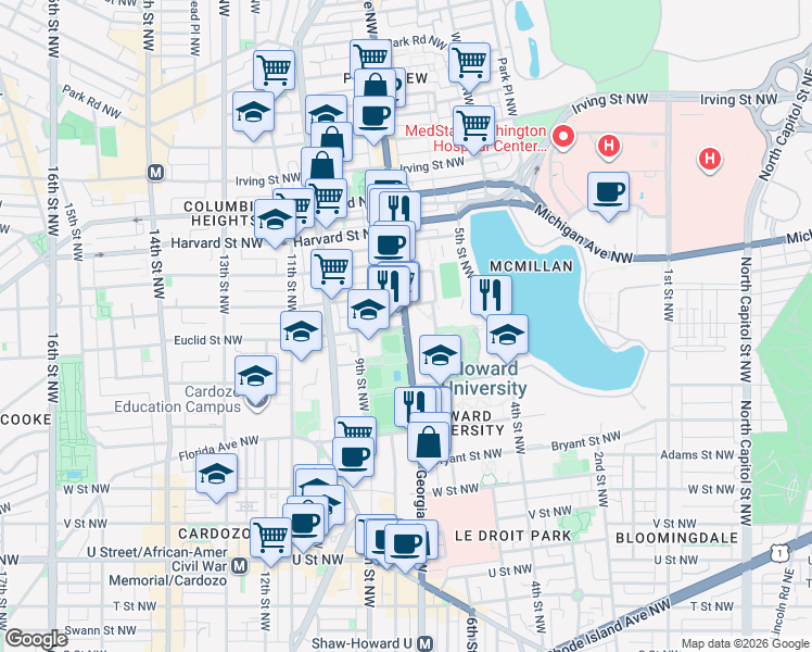 map of restaurants, bars, coffee shops, grocery stores, and more near Georgia Avenue Northwest & Euclid Street Northwest in Washington