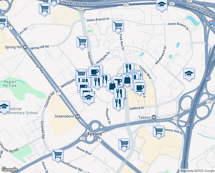 map of restaurants, bars, coffee shops, grocery stores, and more near 1680 International Drive in Tysons