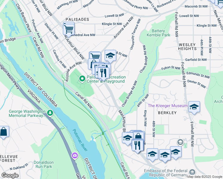 map of restaurants, bars, coffee shops, grocery stores, and more near 5047 MacArthur Boulevard Northwest in Washington