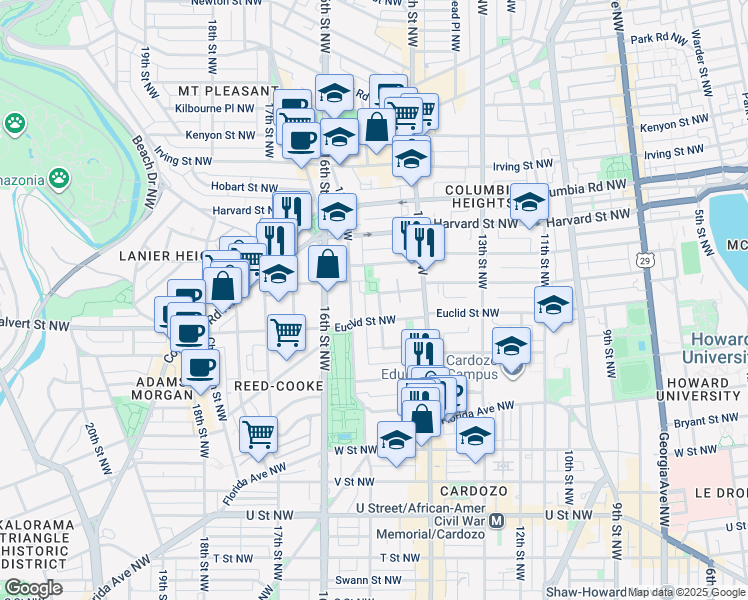 map of restaurants, bars, coffee shops, grocery stores, and more near 2618 University Place Northwest in Washington