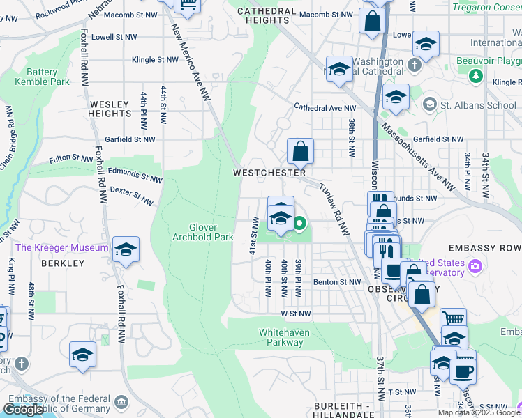 map of restaurants, bars, coffee shops, grocery stores, and more near 2655 41st Street Northwest in Washington