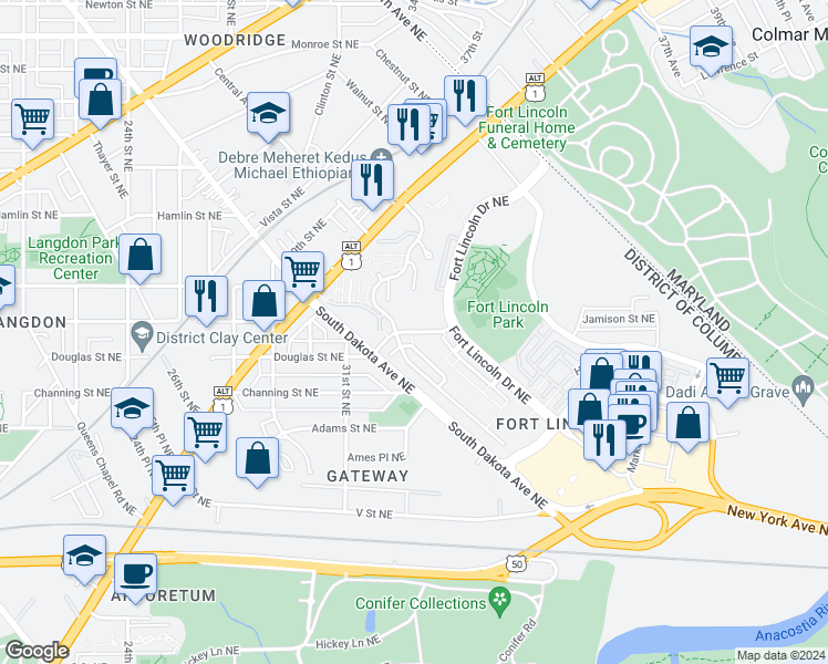 map of restaurants, bars, coffee shops, grocery stores, and more near 2739 31st Place Northeast in Washington