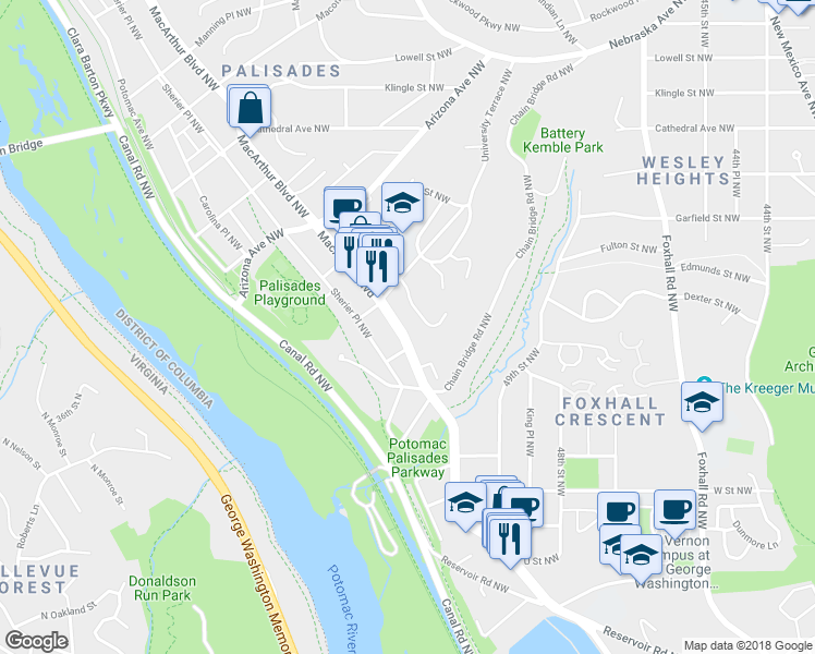 map of restaurants, bars, coffee shops, grocery stores, and more near 5047 MacArthur Boulevard Northwest in Washington