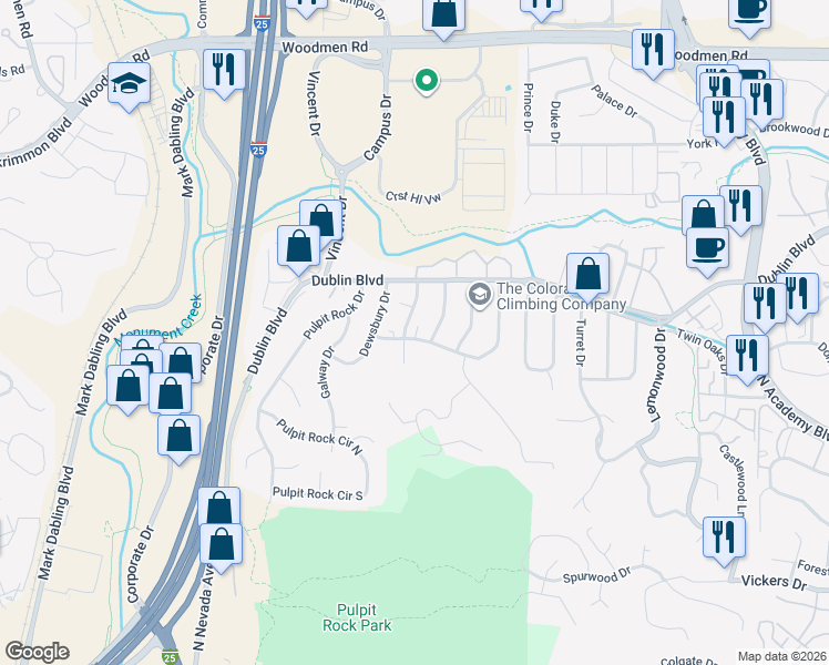map of restaurants, bars, coffee shops, grocery stores, and more near 1155 Brittany Circle in Colorado Springs