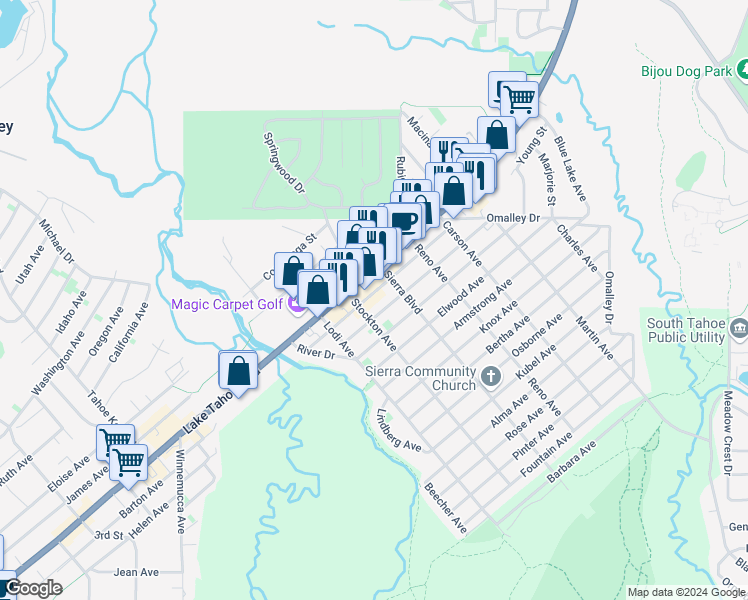 map of restaurants, bars, coffee shops, grocery stores, and more near 1040 Stockton Avenue in South Lake Tahoe