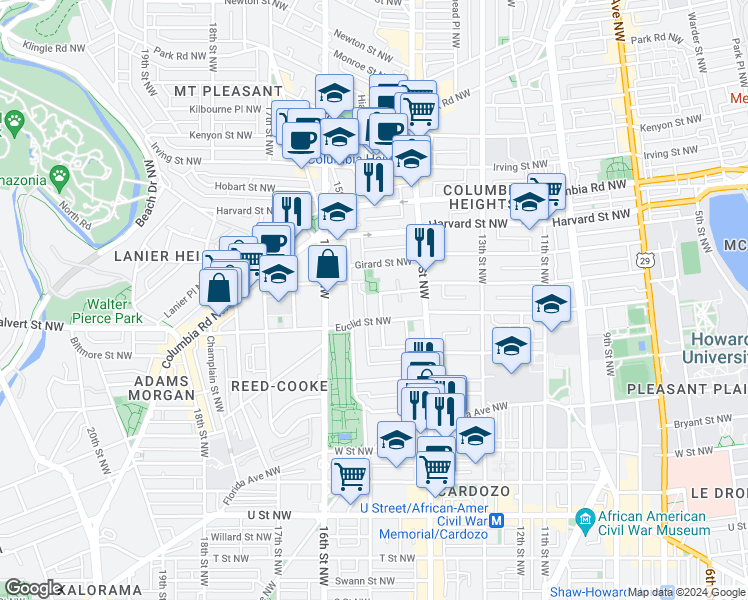 map of restaurants, bars, coffee shops, grocery stores, and more near 2618 University Place Northwest in Washington